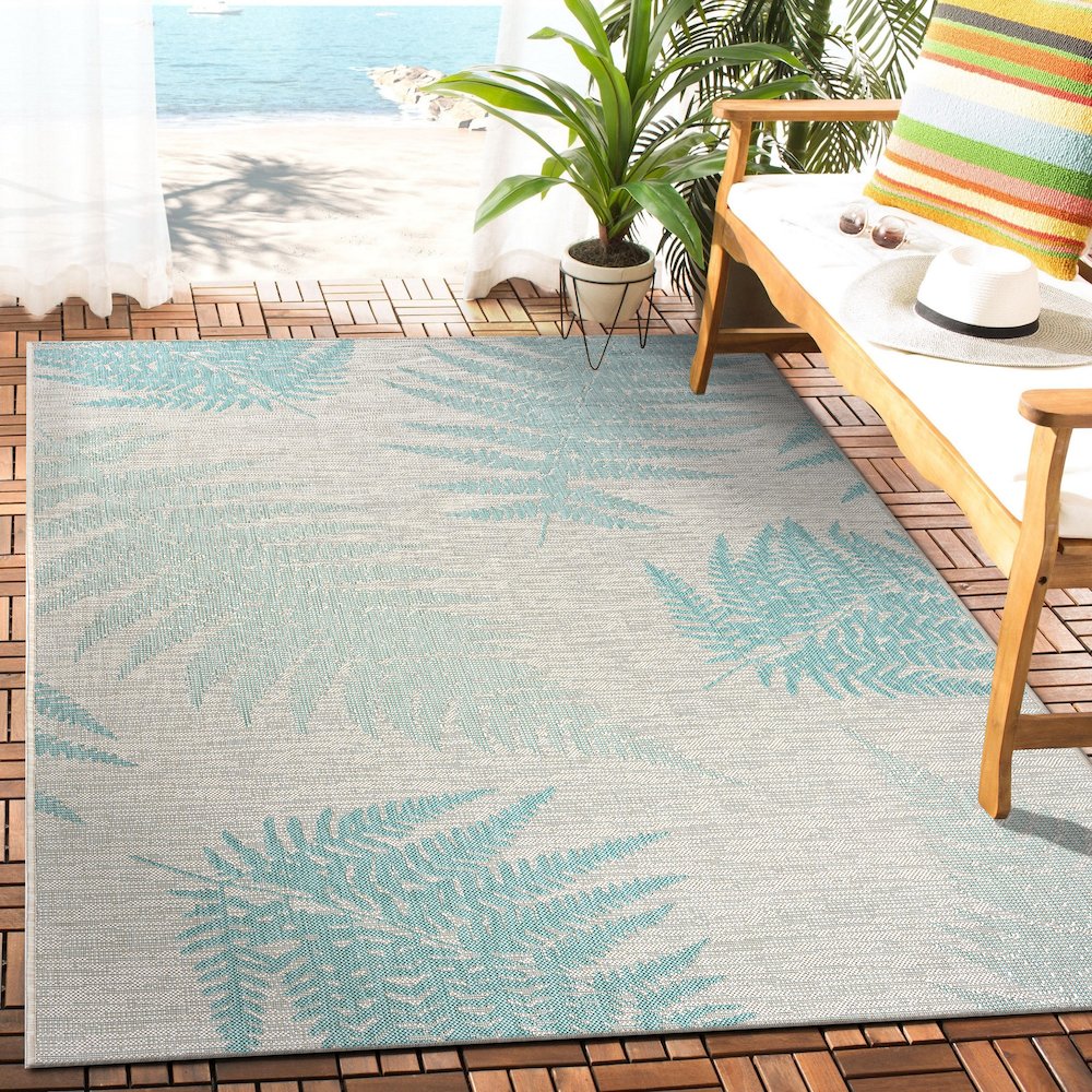 Teal Fallen Fern Indoor/Outdoor Rug. Picture 7
