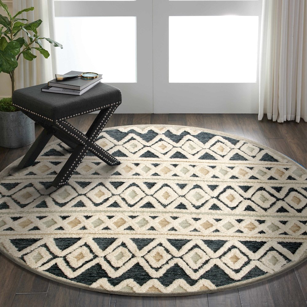 Tufted Geometric Diamonds and Stripes Round Rug. Picture 6
