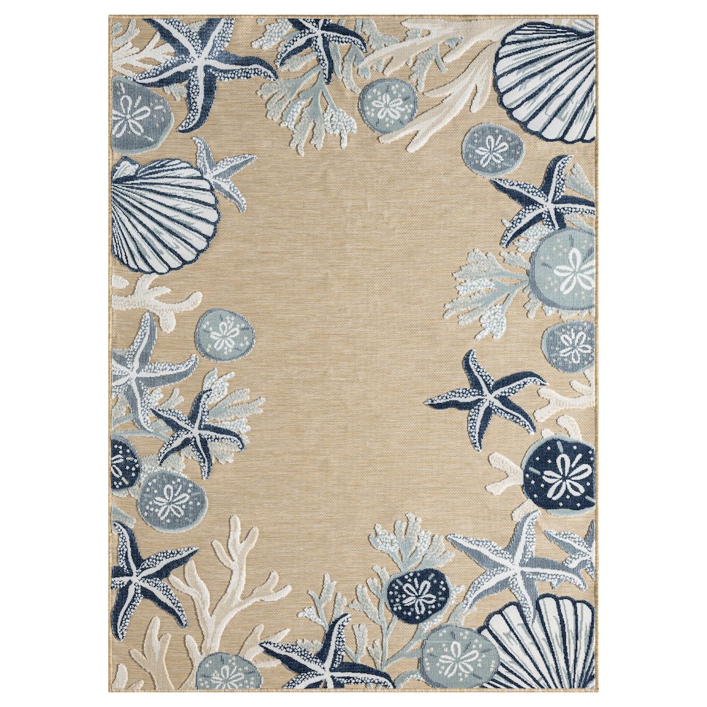 Natural/Blue Coastal Floral/Botanical Performance Outdoor Area Rugs, 7'9" x 9'9". Picture 1