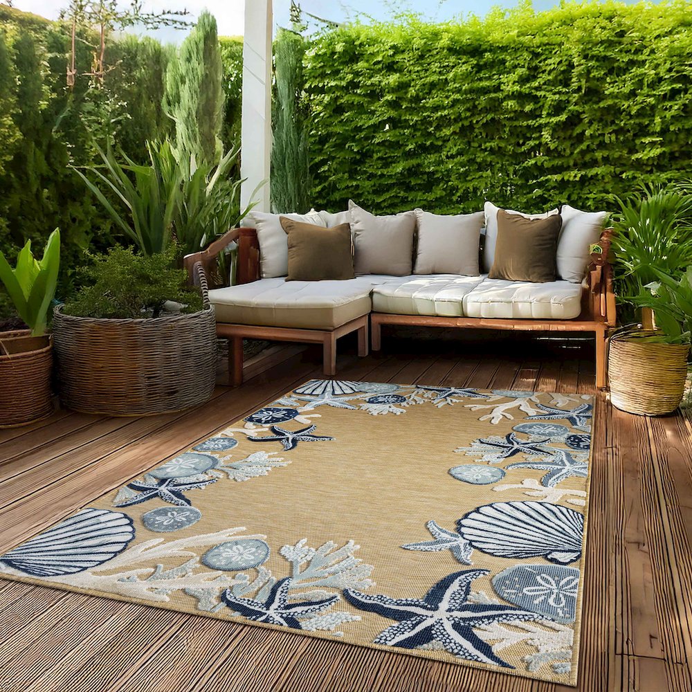 Natural/Blue Coastal Floral/Botanical Performance Outdoor Area Rugs, 7'9" x 9'9". Picture 2