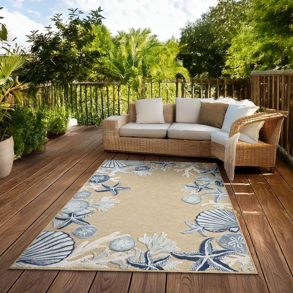 Natural/Blue Coastal Floral/Botanical Performance Outdoor Area Rugs, 7'9" x 9'9". Picture 8