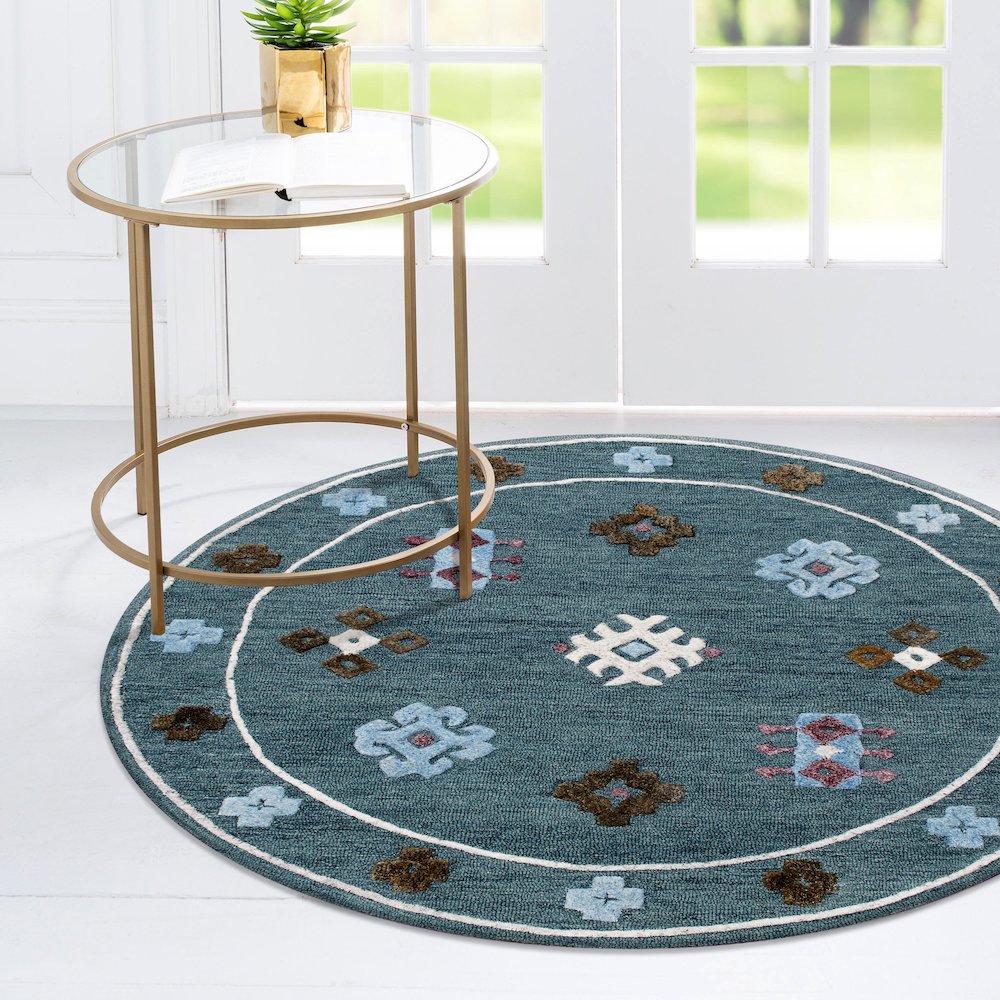 Hand Tufted Blue Bordered Geometric Round Rug. Picture 2