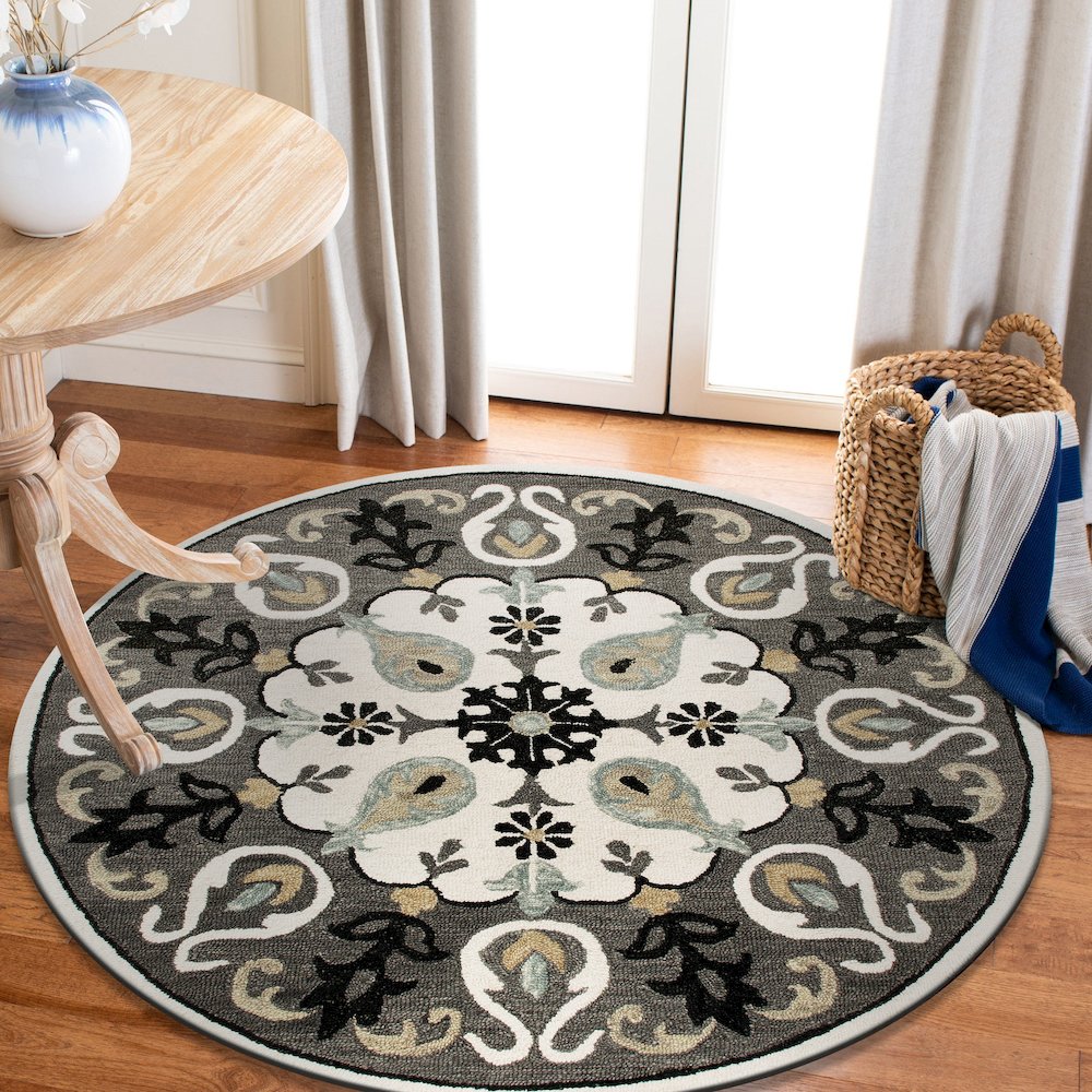 Ornate Gray and White Medallion Round Rug. Picture 2
