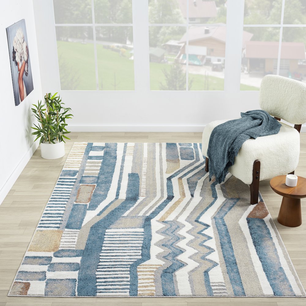 Blue/Beige Modern Abstract Performance Washable Indoor Area Rug. Picture 2