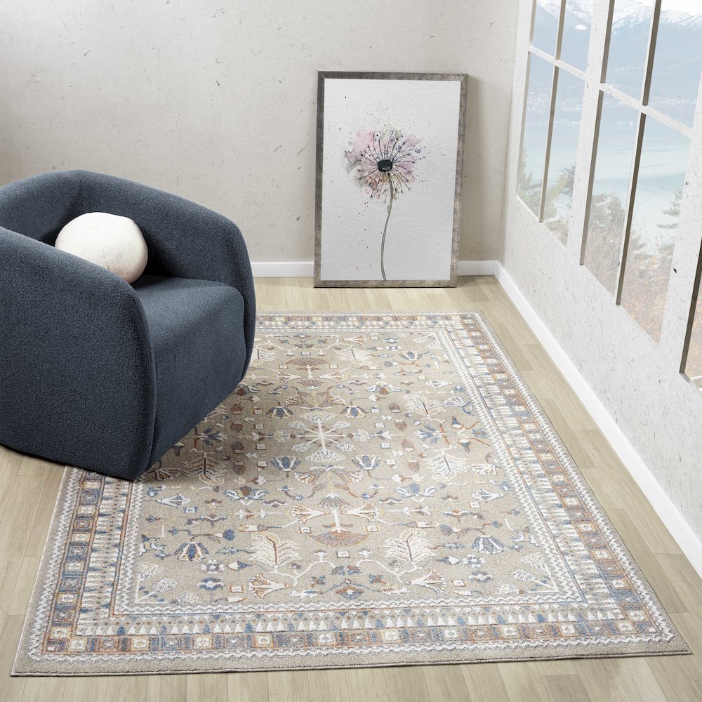 Beige/Rust Modern Geometric Performance Washable Indoor Area Rug. Picture 2