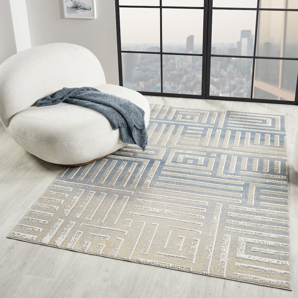 Beige/Blue Modern Geometric Performance Washable Indoor Area Rug. Picture 2