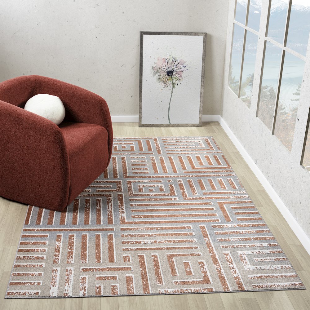 Beige/Rust Modern Geometric Performance Washable Indoor Area Rug. Picture 2