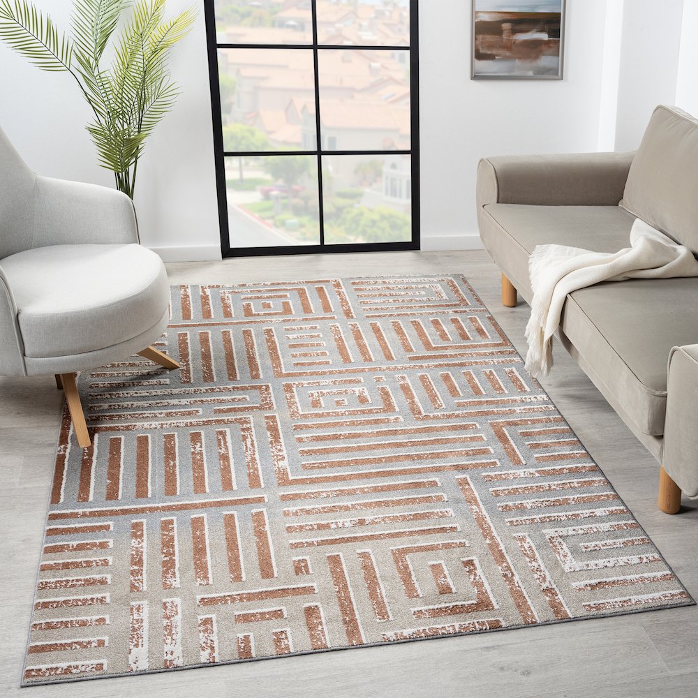 Beige/Rust Modern Geometric Performance Washable Indoor Area Rug. Picture 7