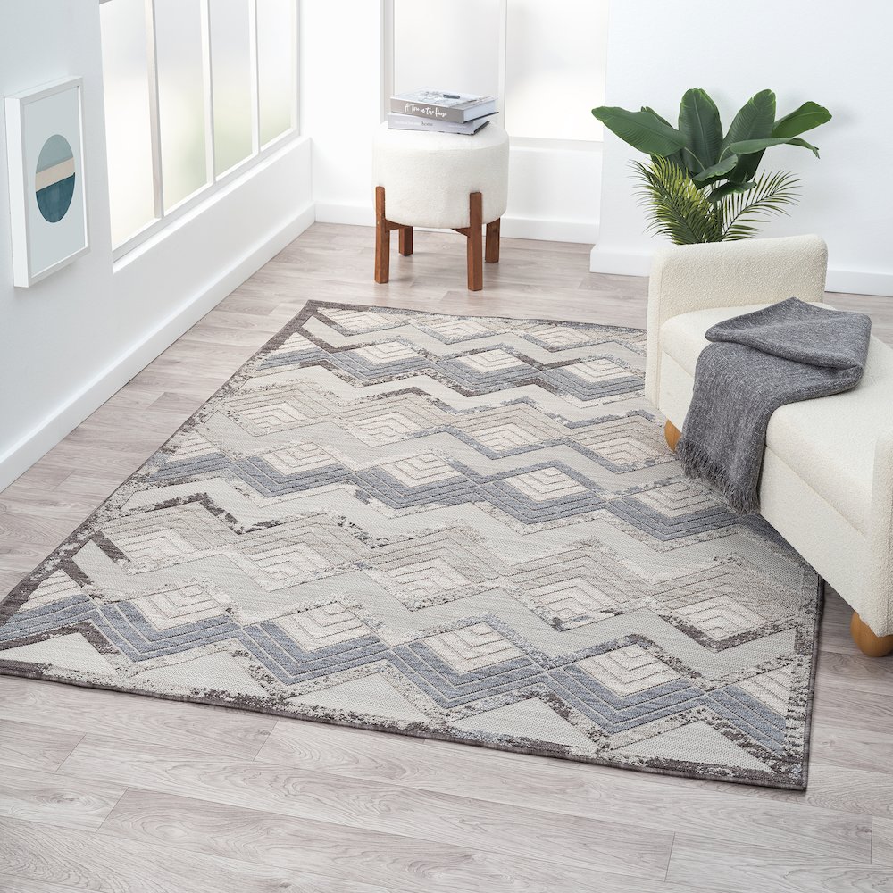 Westport Light Blue/Ivory Chevron PET Yarn Indoor/Outdoor Area Rug. Picture 6