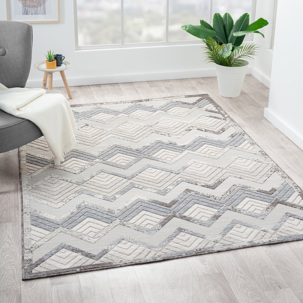 Westport Light Blue/Ivory Chevron PET Yarn Indoor/Outdoor Area Rug. Picture 7