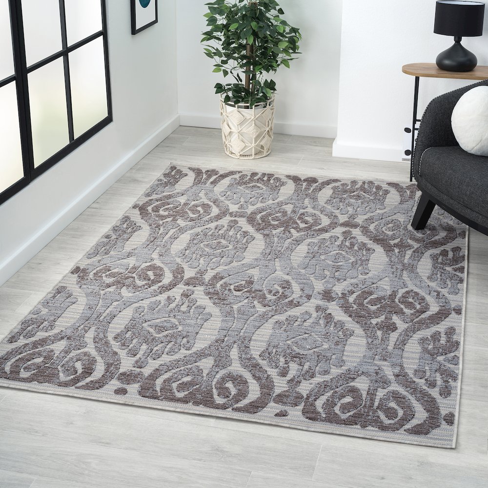 Westport Blue/Gray Damask PET Yarn Indoor/Outdoor Area Rug. Picture 7