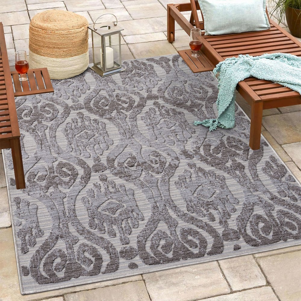 Westport Blue/Gray Damask PET Yarn Indoor/Outdoor Area Rug. Picture 2
