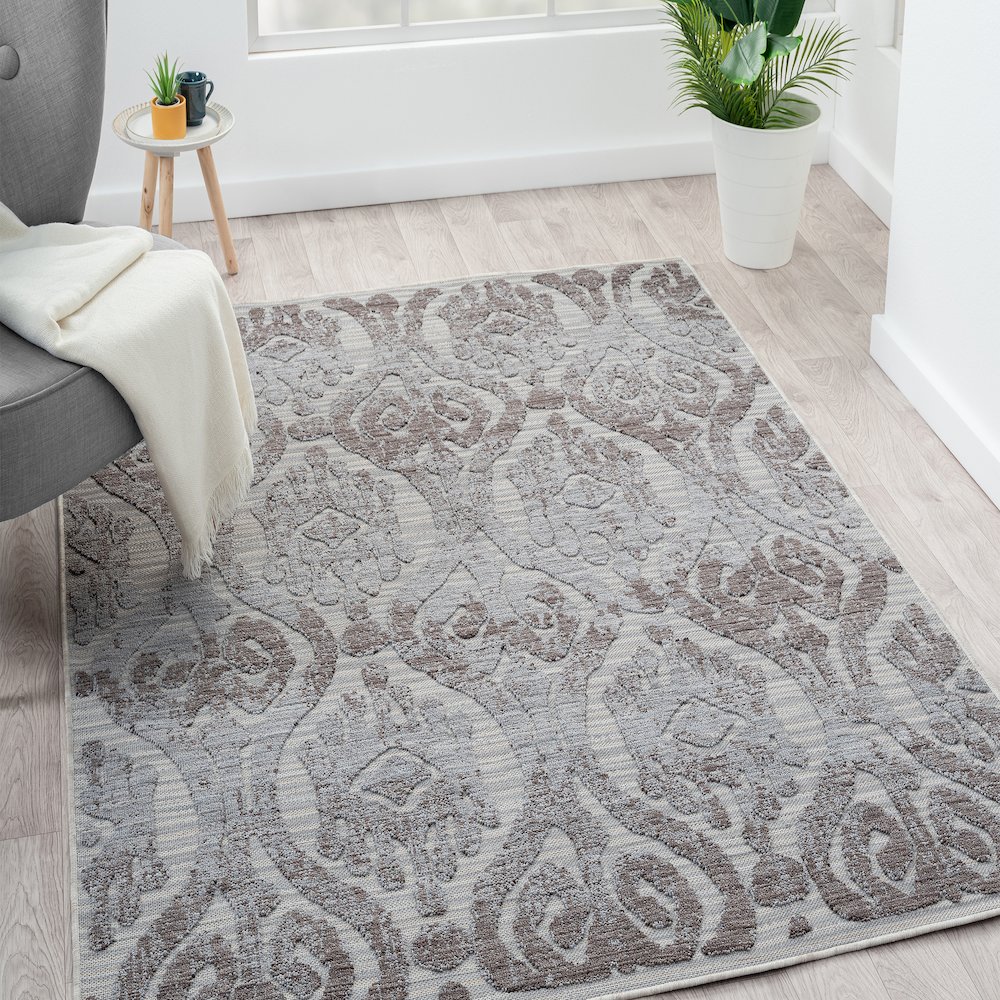 Westport Blue/Gray Damask PET Yarn Indoor/Outdoor Area Rug. Picture 6