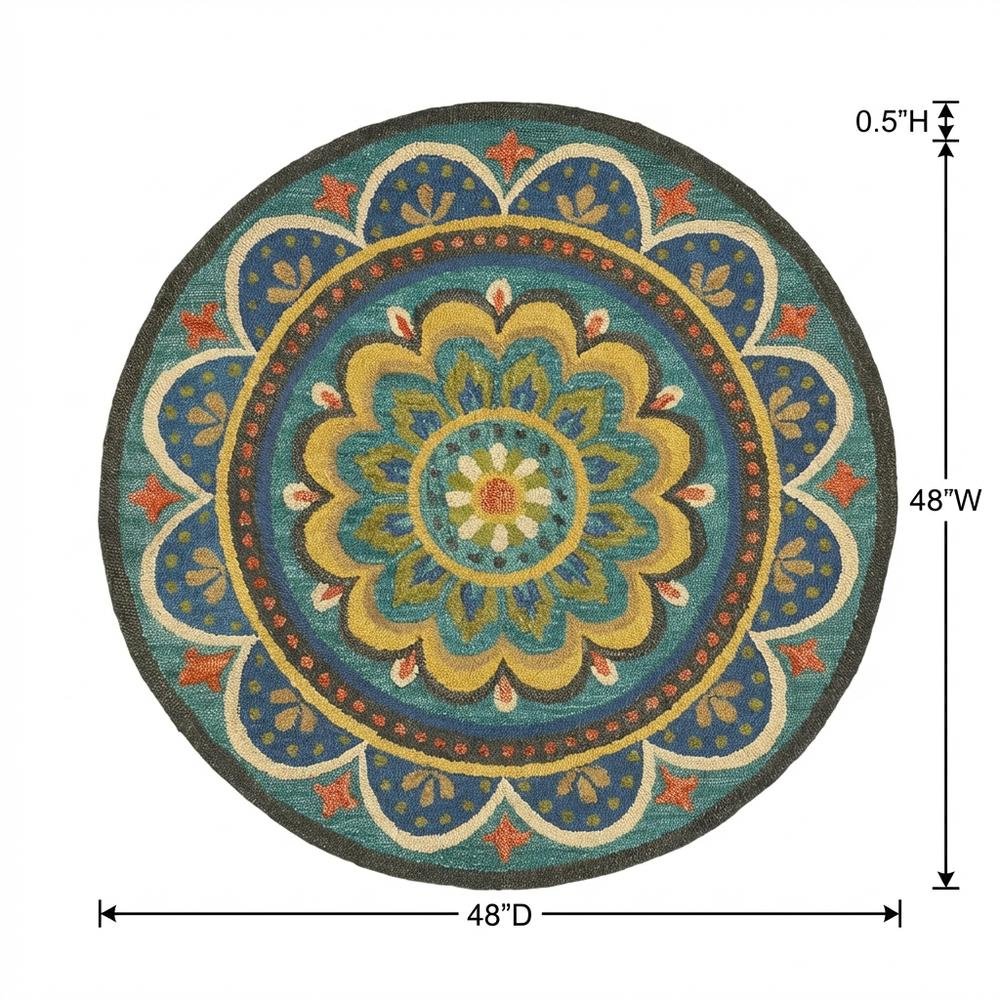 Bohemian Patterned Indoor Area Rug In Blue And Multicolored 4' Round. Picture 7