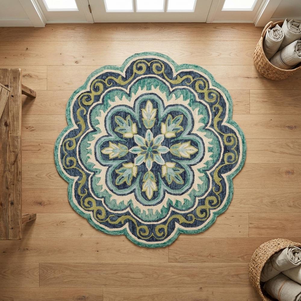 Bohemian Indoor Area Rug In Green And Blue, Round Design, Soft High-Pile. Picture 3