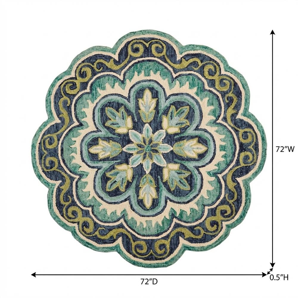 Bohemian Indoor Area Rug In Green And Blue, Round Design, Soft High-Pile. Picture 7