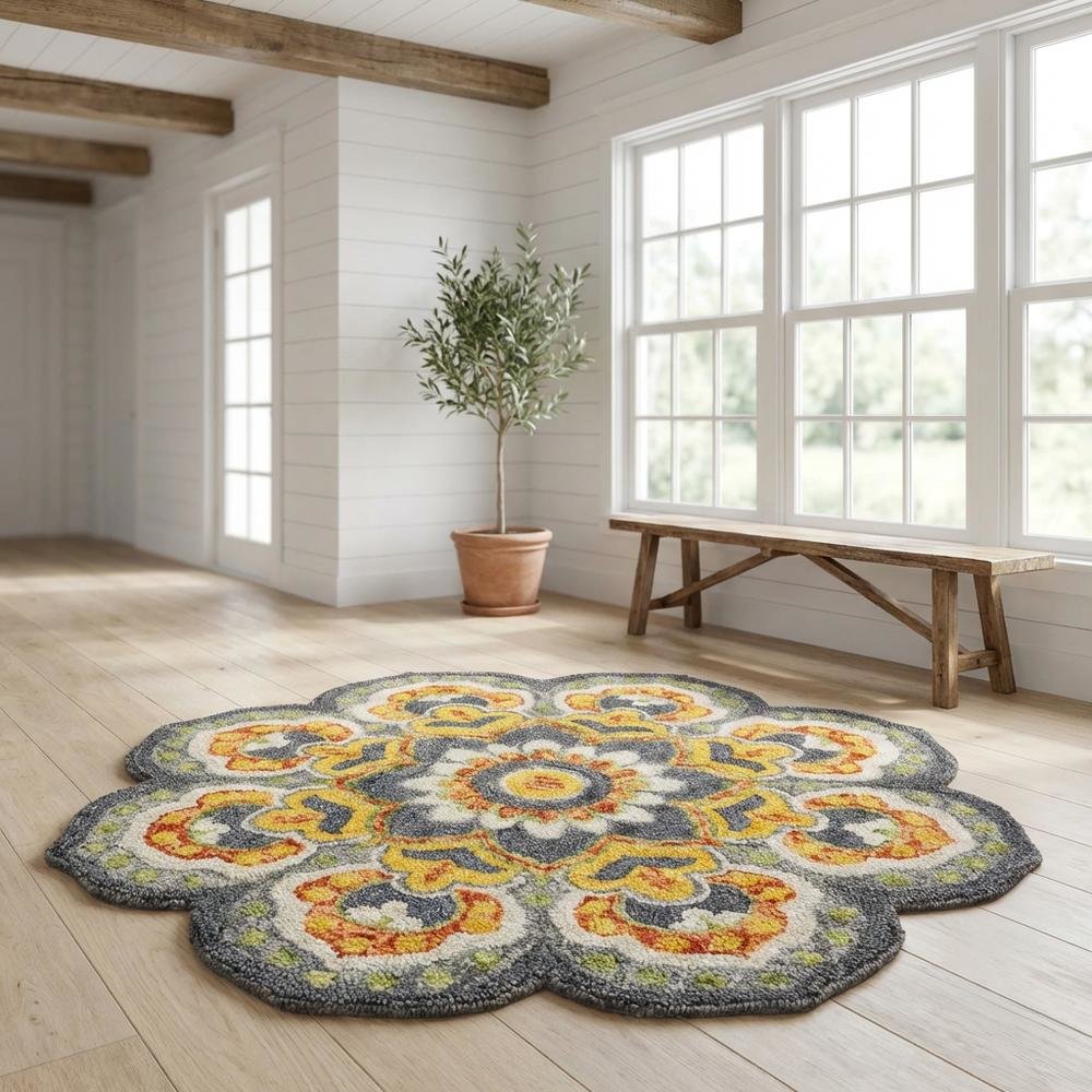 Gray And Yellow Indoor Area Rug With Classic Round Design. Picture 2