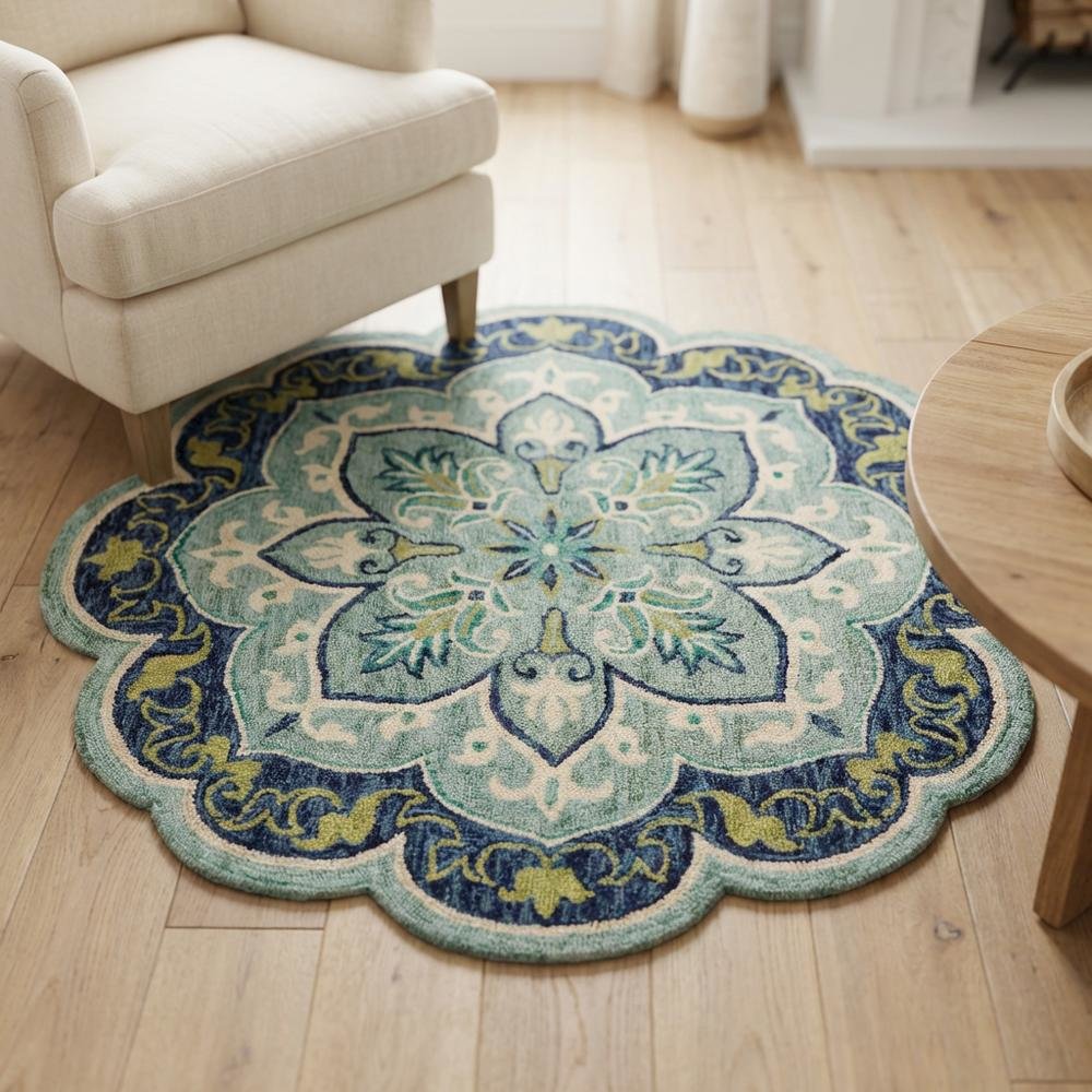 Blue Indoor Area Rug With Classic Round Design, 6 Feet Diameter. Picture 3