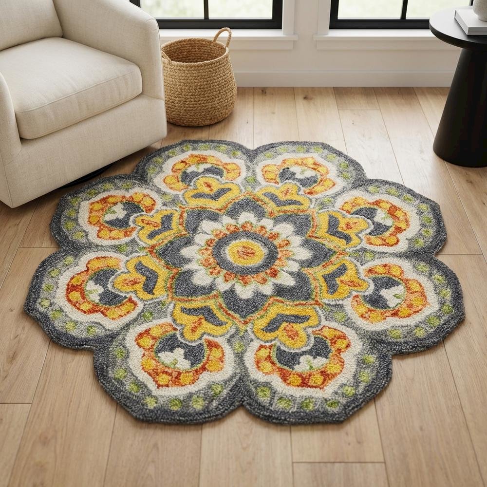 Gray And Yellow Indoor Area Rug With Classic Round Design. Picture 3