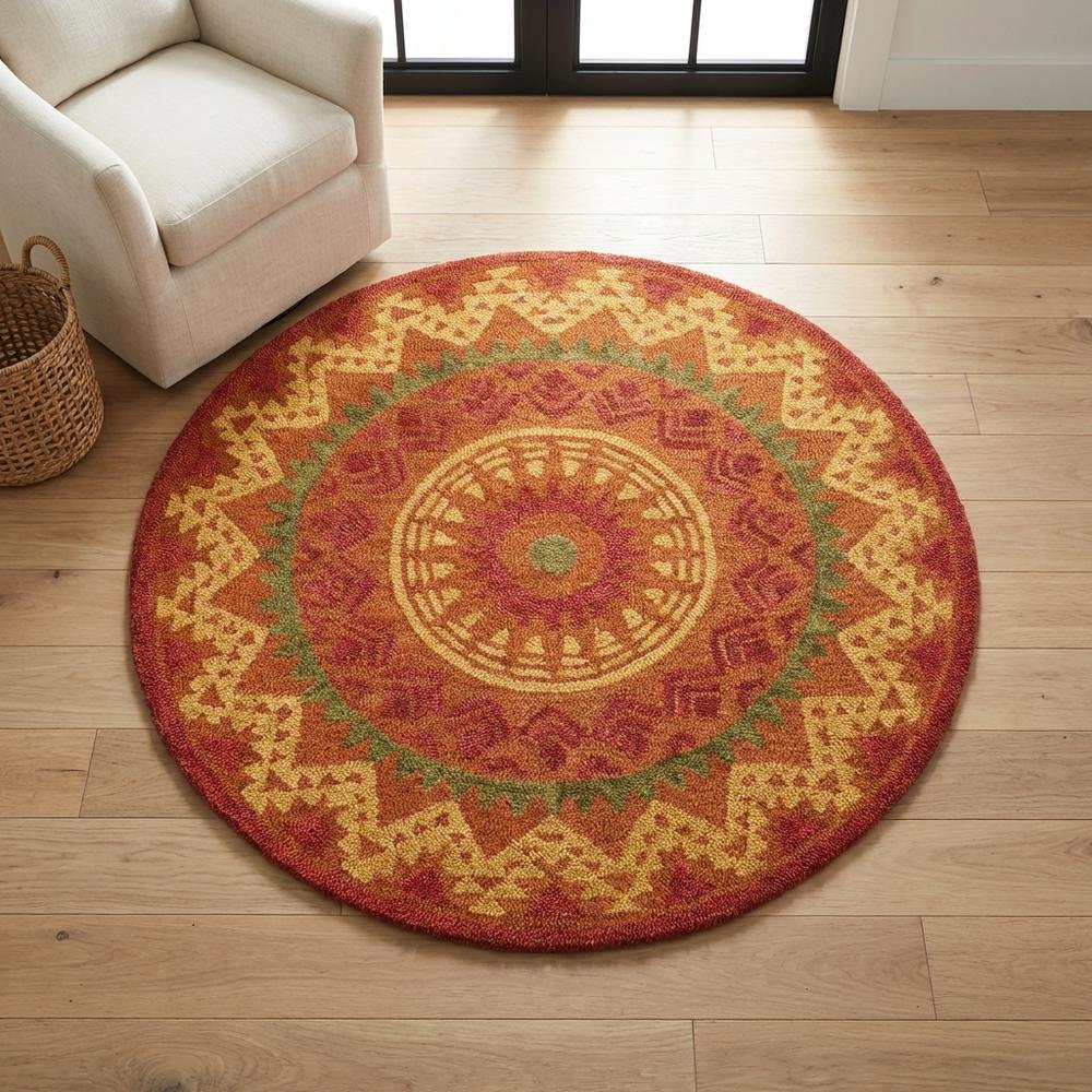 Orange/Red Round Indoor Area Rug With Transitional Style, 4-Foot Diameter. Picture 3