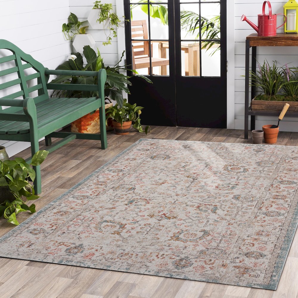 Antiquity Durable Performance Area Rug Outdoor in Ivory/Multicolored, 9' x 12'. Picture 7