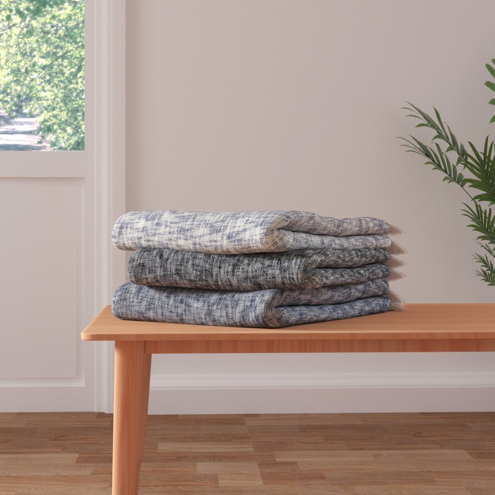 Blue/White Distressed Hand-Woven All-Natural Cotton Throw Blanket. Picture 5