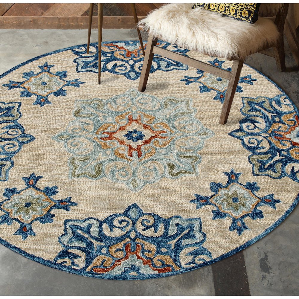 RugsA Beige/Blue Medallion Wool Round Rug. Picture 2