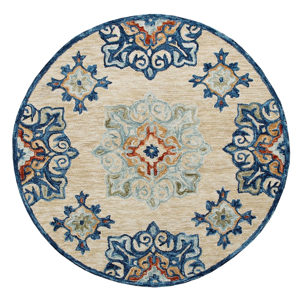 RugsA Beige/Blue Medallion Wool Round Rug. Picture 1