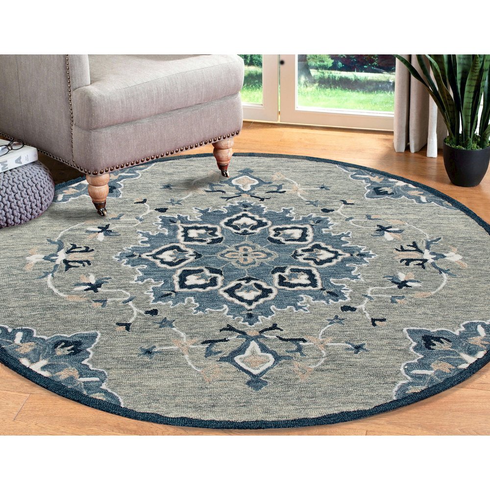 RugsA Gray/Blue Medallion Wool Round Rug. Picture 2