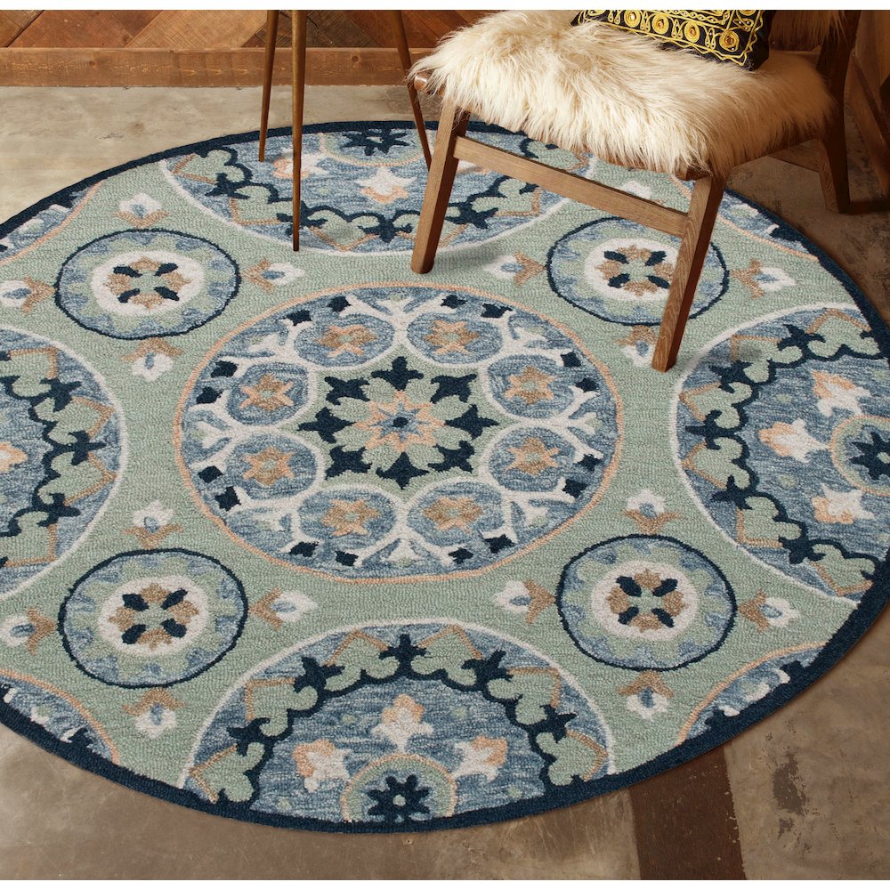 RugsA Sage/Blue Suzani Wool Round Rug. Picture 2