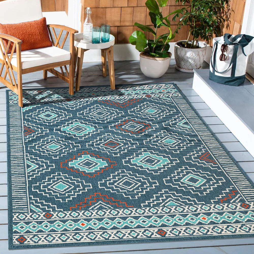 Evette Rios Navy/Ivory Southwestern Tribal Polypropylene Indoor/Outdoor Area Rug. Picture 2