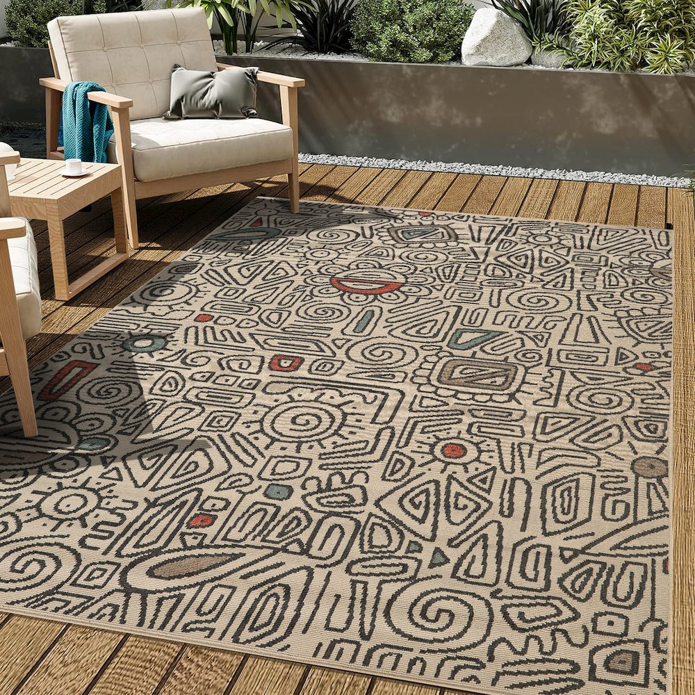Evette Rios Ivory/Black Bohemian Abstract Polypropylene Indoor/Outdoor Area Rug. Picture 2
