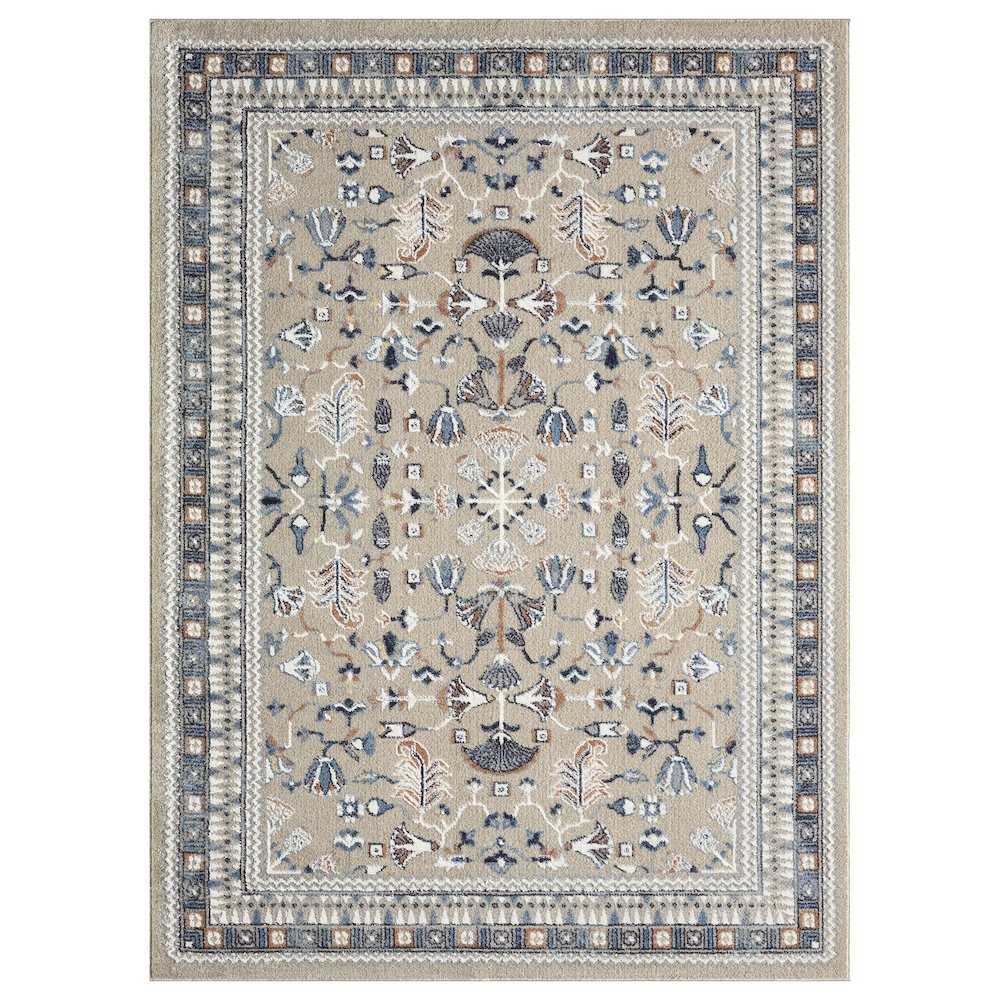 Blue/Beige Classic Floral Performance Washable Indoor Area Rug. Picture 1