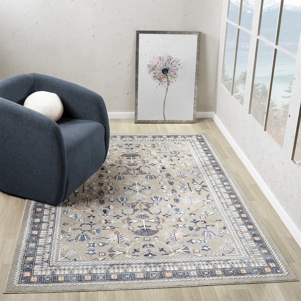 Blue/Beige Classic Floral Performance Washable Indoor Area Rug. Picture 2