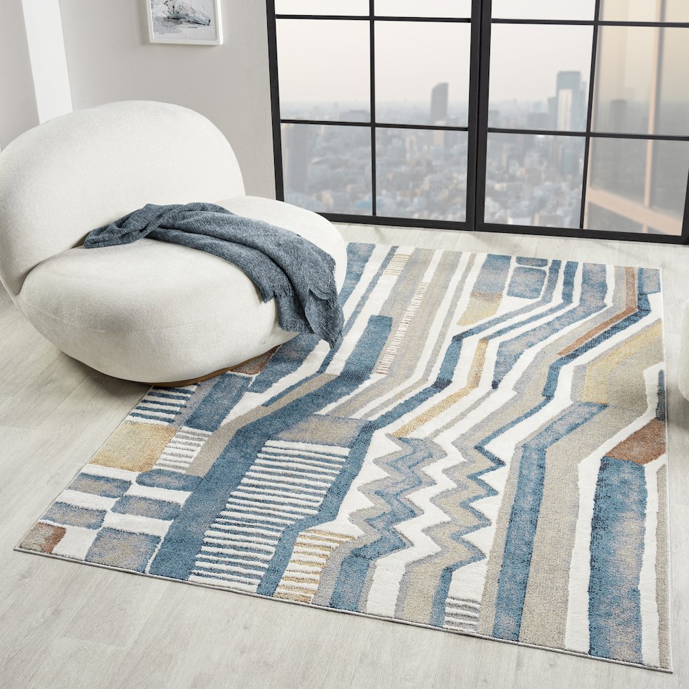Blue/Beige Modern Abstract Performance Washable Indoor Area Rug. Picture 7