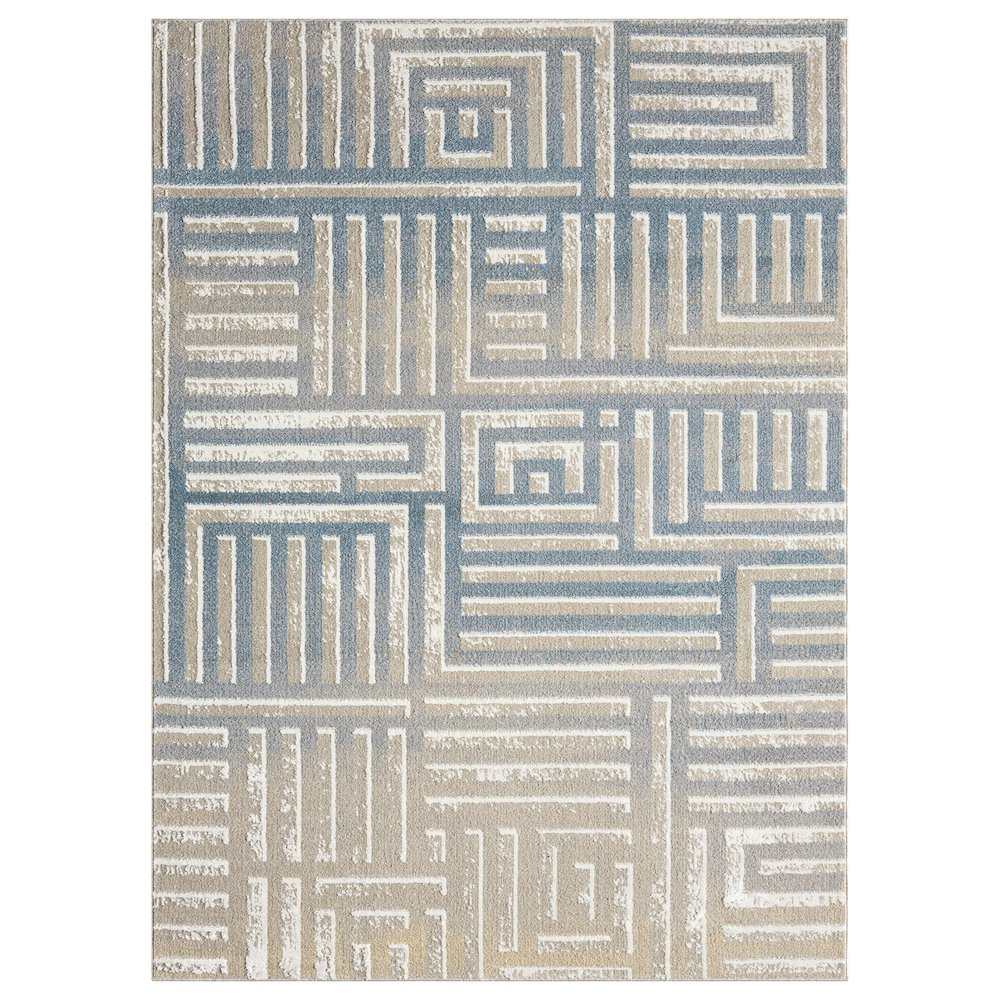 Beige/Blue Modern Geometric Performance Washable Indoor Area Rug. Picture 1