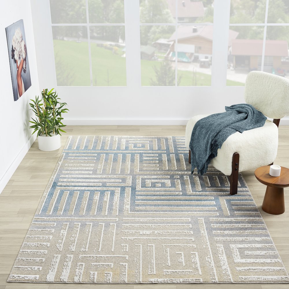 Beige/Blue Modern Geometric Performance Washable Indoor Area Rug. Picture 7