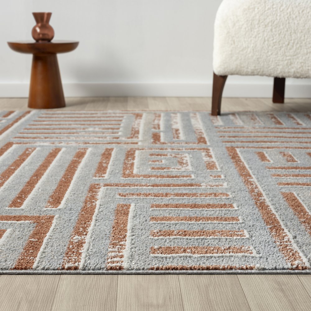 Beige/Rust Modern Geometric Performance Washable Indoor Area Rug. Picture 3