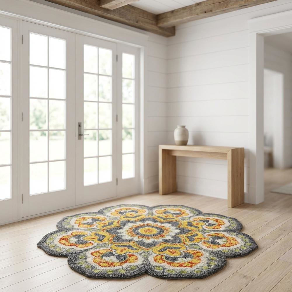 Gray Indoor Round Area Rug With Classic Style And Vibrant Yellow Accents. Picture 2
