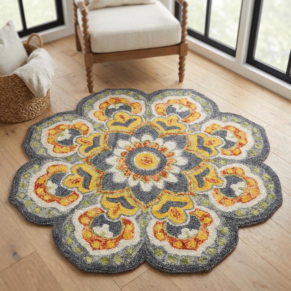 Gray Indoor Round Area Rug With Classic Style And Vibrant Yellow Accents. Picture 3