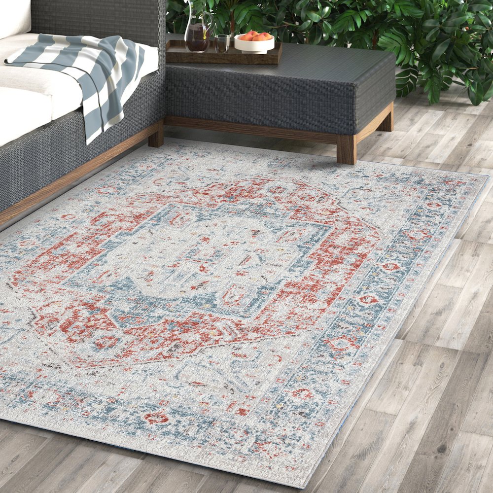 Antiquity Durable Performance Area Rug Outdoor in Blue/Orange, 6'6" x 9'. Picture 2