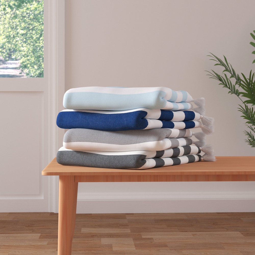 Grey/White Striped Hand-stitched All-Natural Cotton Throw Blanket. Picture 8