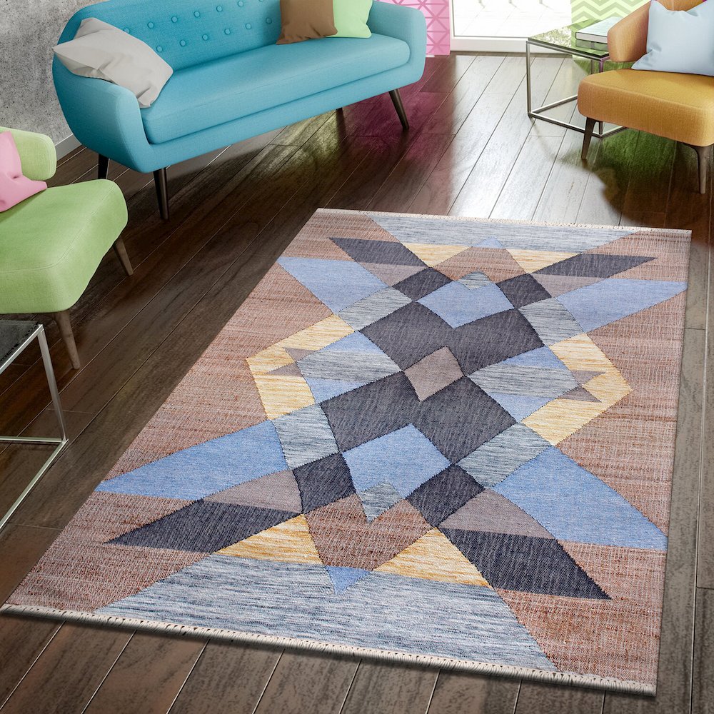 Abstract Overlay Handwoven Jute and Chotton Dhurrie Area Rug. Picture 7