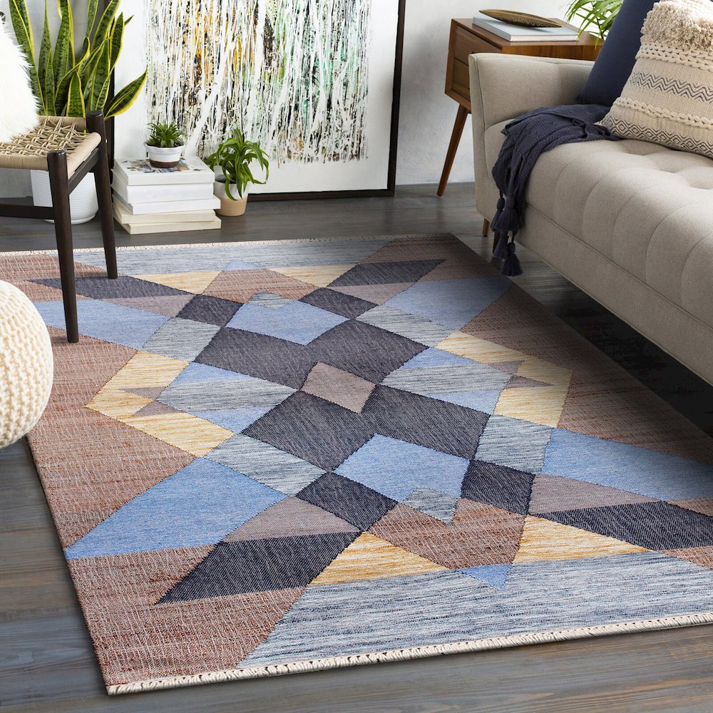 Abstract Overlay Handwoven Jute and Chotton Dhurrie Area Rug. Picture 8