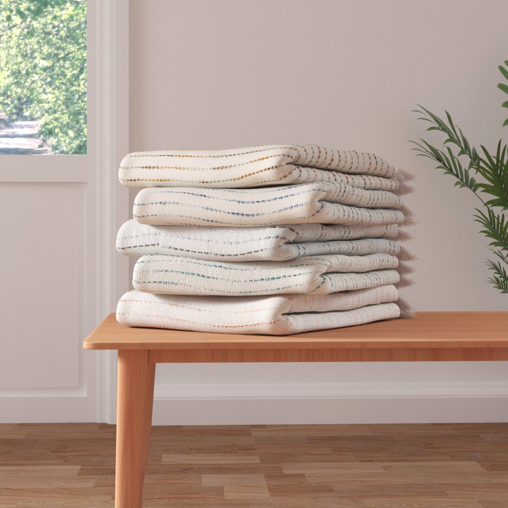 Cream/Turquoise Striped Hand-Woven Cotton Blend Throw Blanket. Picture 8