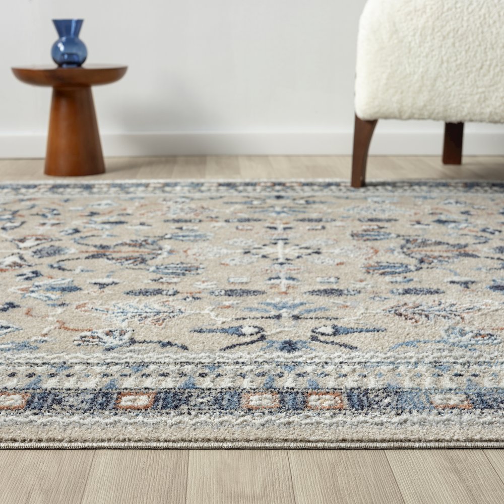 Blue/Beige Classic Floral Performance Washable Indoor Area Rug. Picture 3
