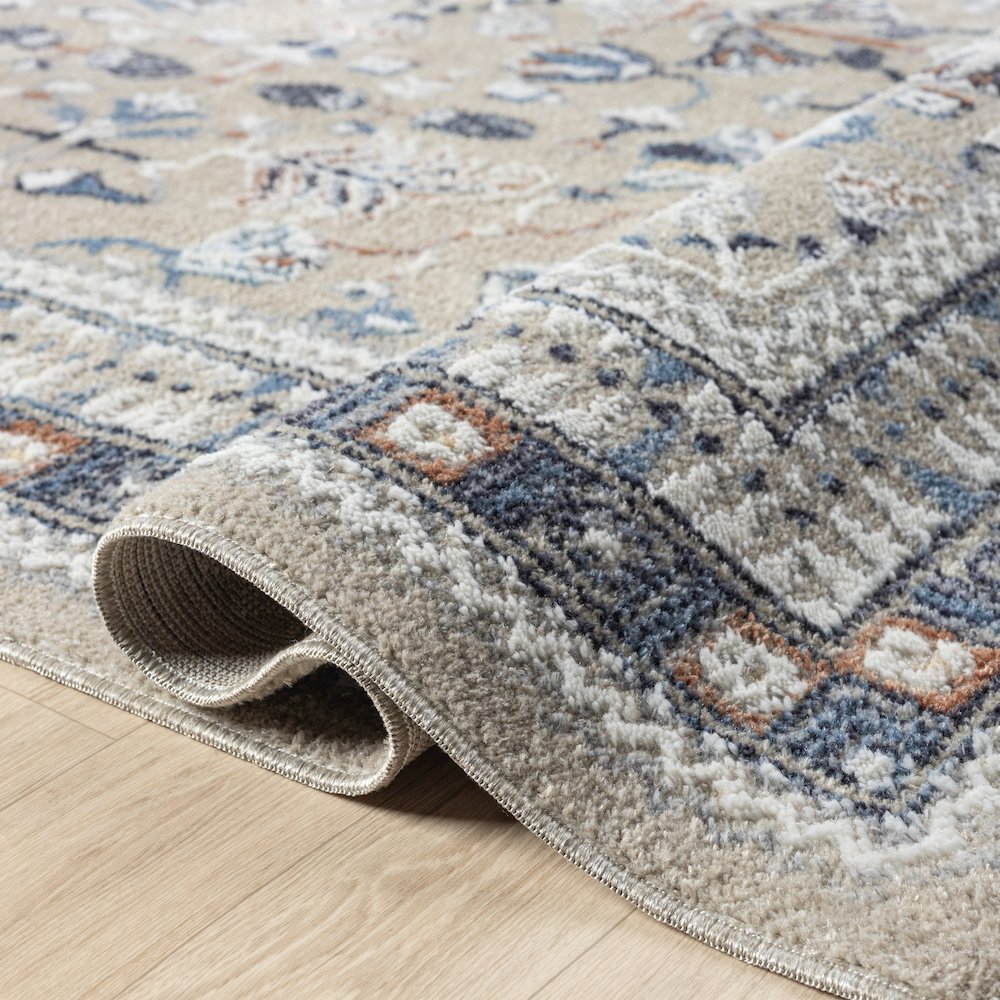 Blue/Beige Classic Floral Performance Washable Indoor Area Rug. Picture 4