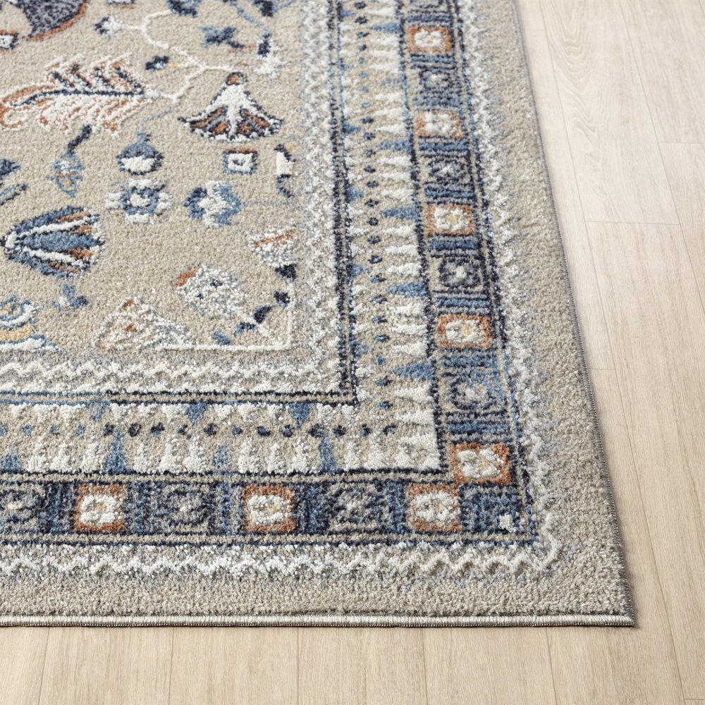 Blue/Beige Classic Floral Performance Washable Indoor Area Rug. Picture 5