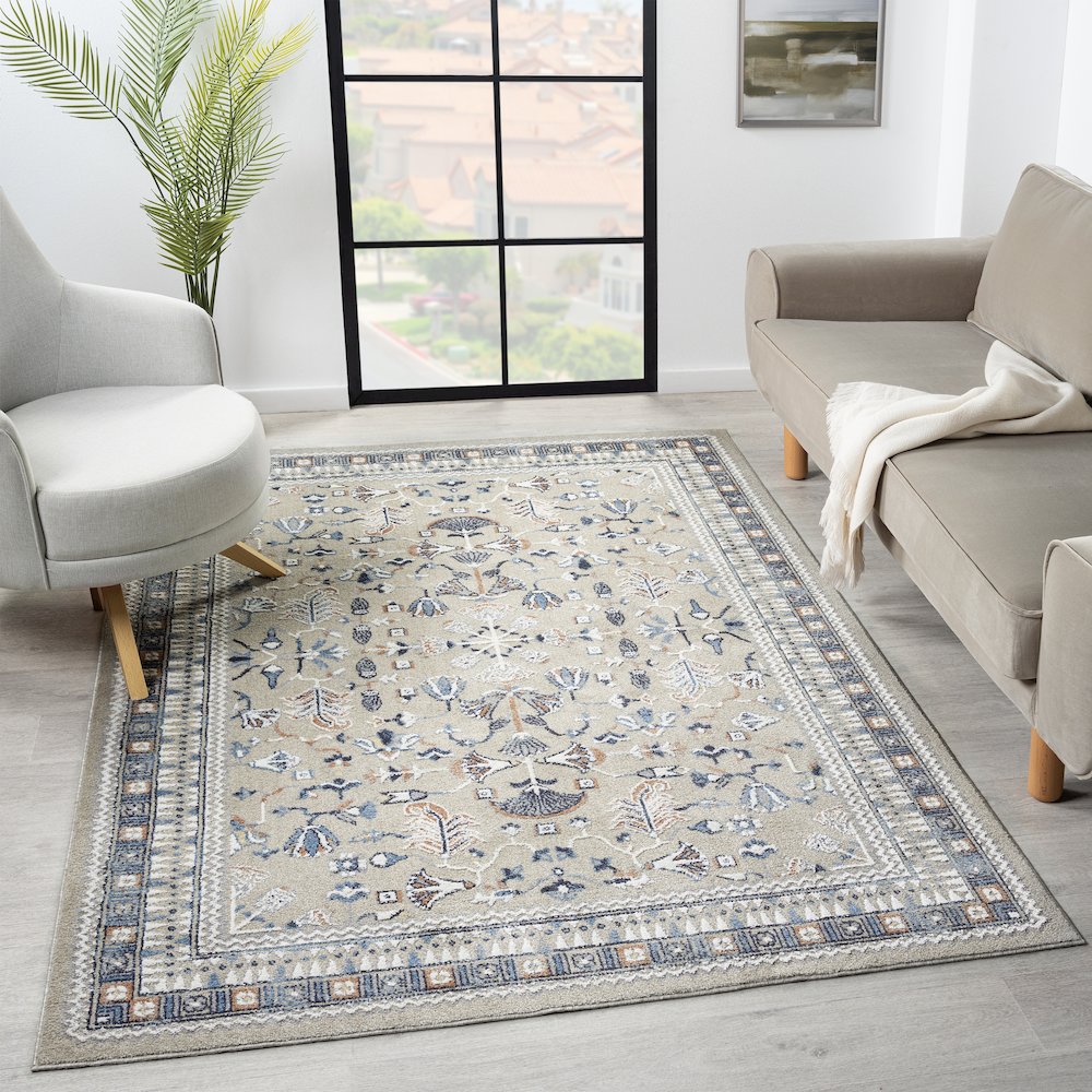 Blue/Beige Classic Floral Performance Washable Indoor Area Rug. Picture 7