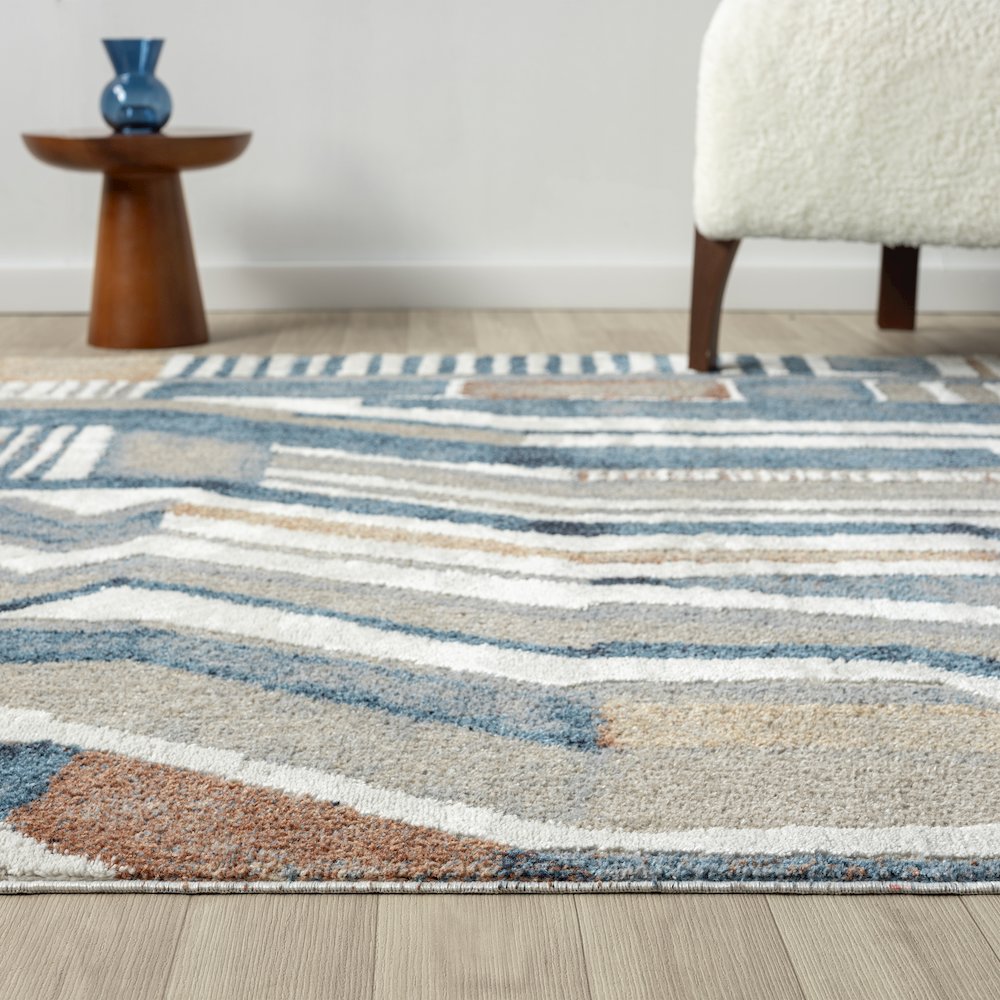Blue/Beige Modern Abstract Performance Washable Indoor Area Rug. Picture 3